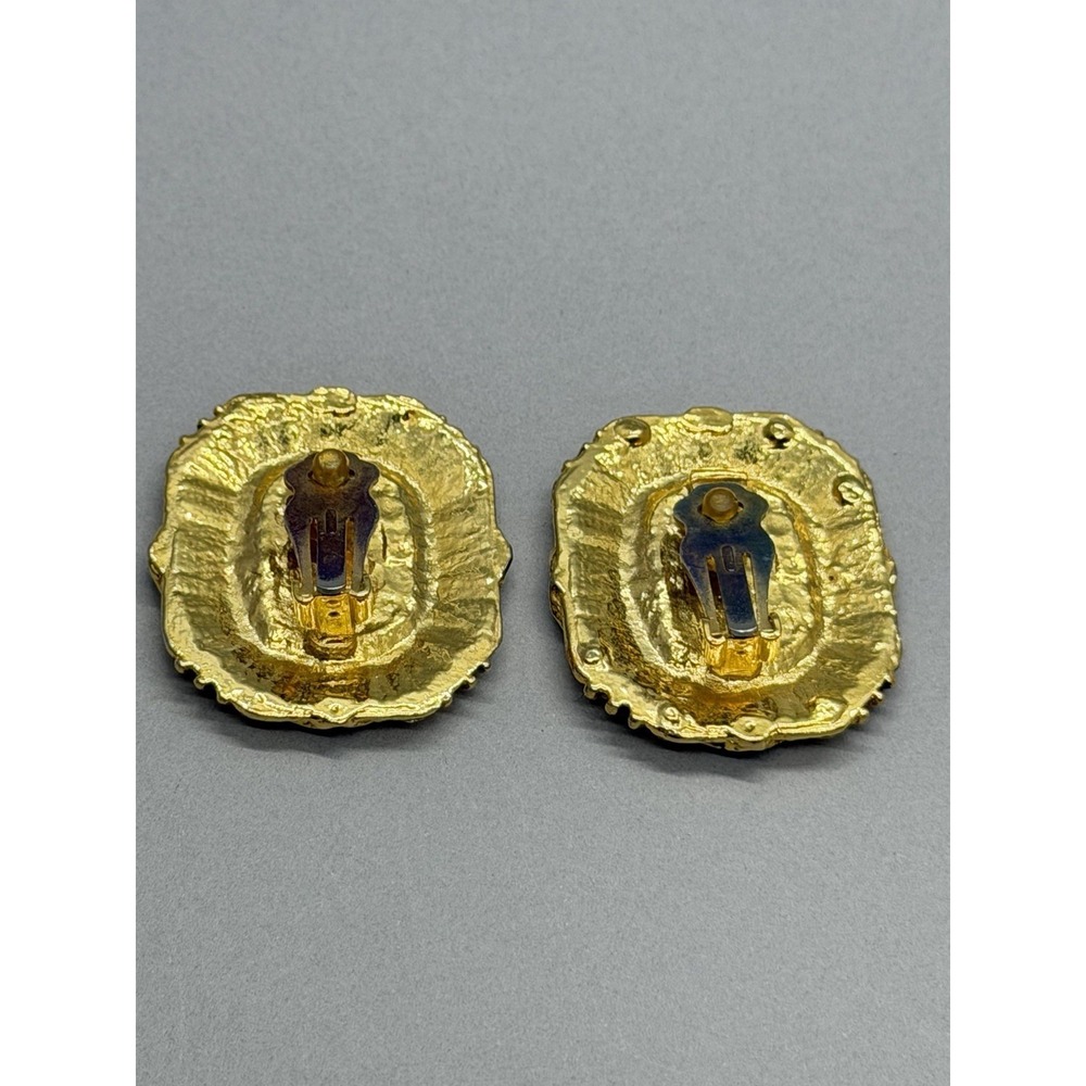 Vintage Gold‎ Tone Black Enamel Center Clear Rhinestone Panel Design Clip On - Picture 2 of 11